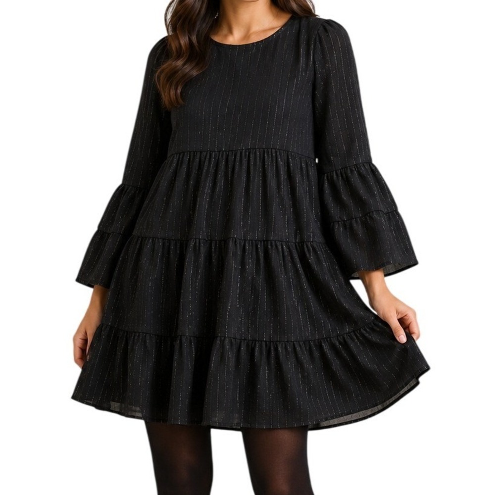 Altar'd State  Black Swiss Dot Metallic Kristalynn Babydoll Dress Women's Medium